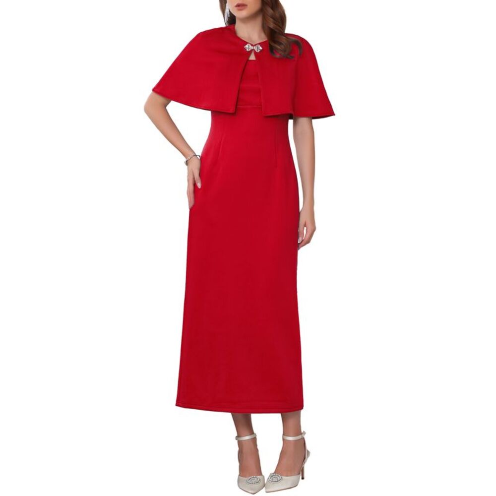 Women's 2 Piece Suit Sets Elegant Cocktail Sheath Dress with Cape Red